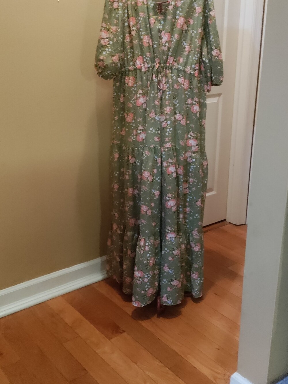 SHEIN Olive Green Floral Tie-Waist Maxi Dress